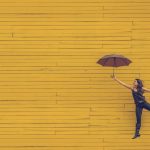 Woman, umbrella, floating — means for shoe care
